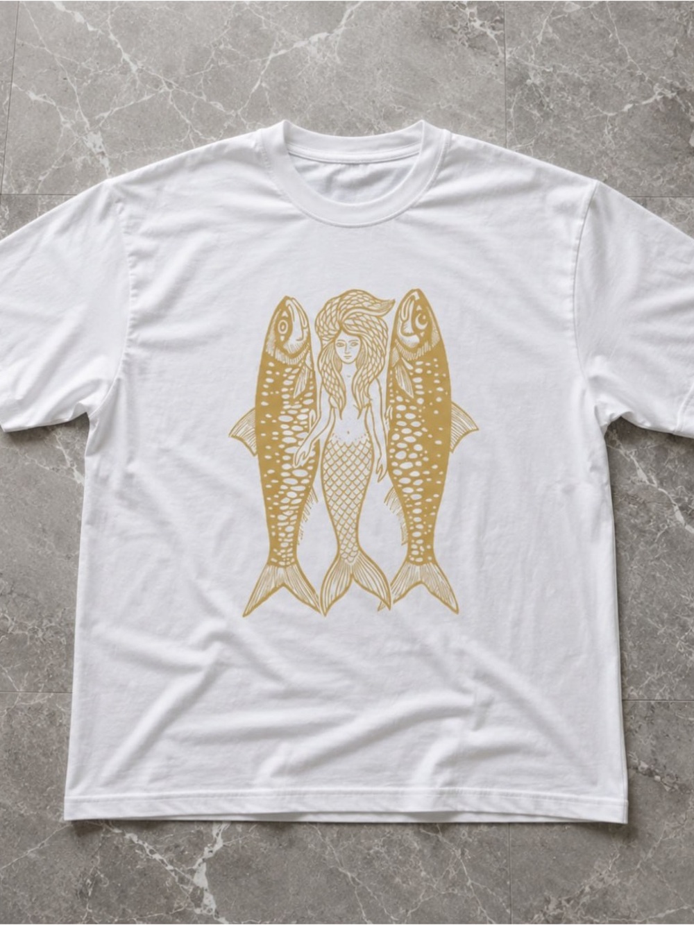 Gold Mermaid and Fish Gildan White Graphic